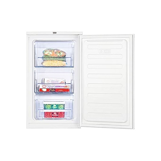 Beko FS166020 – Congelatore verticale a libera installazione, 65 L, 82 cm, Classe E, 37 dB, raffreddamento statico con sistema MinFrost, 3 cassetti, porte reversibili, ripiani in cristallo infrangibile, autonomia 15 h, bianco