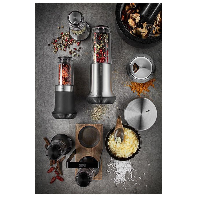 Gefu G-34642 X-Plosion Set di macina sale e pepe con meccanismo in ceramica regolabile e vassoio colore Nero