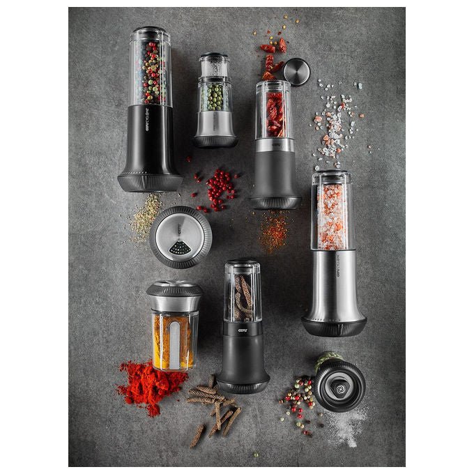 Gefu G-34642 X-Plosion Set di macina sale e pepe con meccanismo in ceramica regolabile e vassoio colore Nero