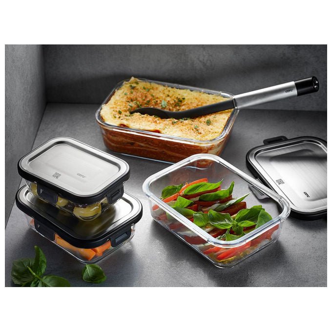 Gefu G-12799 Milo Set di 3 Contenitori Rettangolari in Vetro Borosilicato Resistente da -20°C a 300°C Adatto Microonde e Lavastoviglie colore Nero