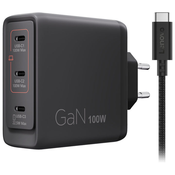 Lenovo G0A6100BEU Caricatore Multiporta USB-C 100 W GaN 3 Porte Nero