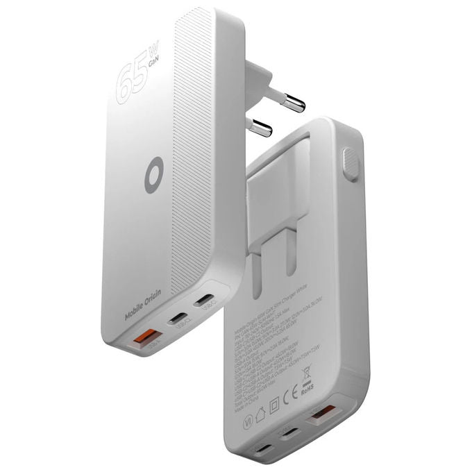 Mobile Origin GAN-65W-SLM-WHT Caricabatterie Universale con GaN 65W 2 Porte USB-C 1 Porta USB-A Ricarica Rapida colore Bianco