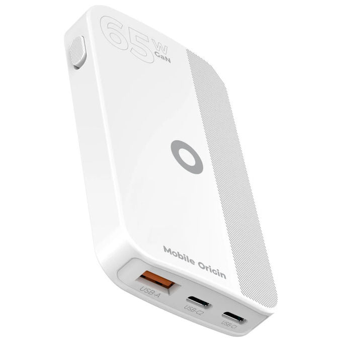 Mobile Origin GAN-65W-SLM-WHT Caricabatterie Universale con GaN 65W 2 Porte USB-C 1 Porta USB-A Ricarica Rapida colore Bianco