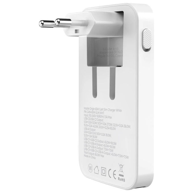 Mobile Origin GAN-65W-SLM-WHT Caricabatterie Universale con GaN 65W 2 Porte USB-C 1 Porta USB-A Ricarica Rapida colore Bianco