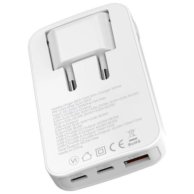Mobile Origin GAN-65W-SLM-WHT Caricabatterie Universale con GaN 65W 2 Porte USB-C 1 Porta USB-A Ricarica Rapida colore Bianco