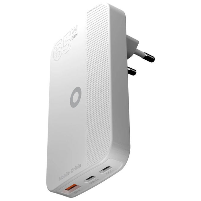 Mobile Origin GAN-65W-SLM-WHT Caricabatterie Universale con GaN 65W 2 Porte USB-C 1 Porta USB-A Ricarica Rapida colore Bianco