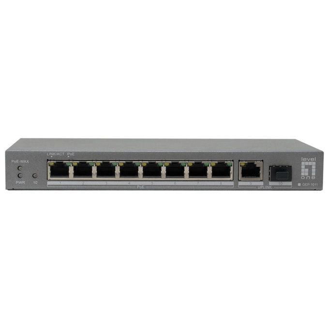 LevelOne GEP-1011 Switch PoE+ 8 porte Gigabit non gestito 120W con uplink RJ45 e SFP colore Nero