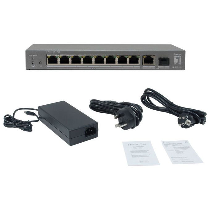 LevelOne GEP-1011 Switch PoE+ 8 porte Gigabit non gestito 120W con uplink RJ45 e SFP colore Nero