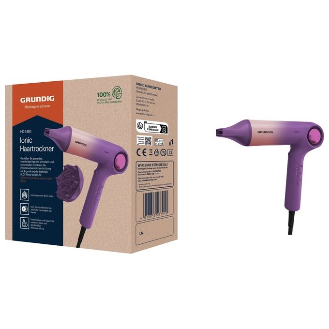 Grundig GMS9078 HD 9480 Asciugacapelli 1600 W Tecnologia Ceramica 3 Velocita' e 3 Temperature Getto Freddo Ionico colore Rosa Viola