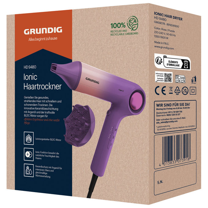 Grundig GMS9078 HD 9480 Asciugacapelli 1600 W Tecnologia Ceramica 3 Velocita' e 3 Temperature Getto Freddo Ionico colore Rosa Viola