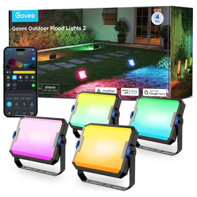 Govee H8057C11 Faro LED Smart 4 Pezzi RGB Dimmerabile 2700-6500 K 1000 lm 15 W IP66 Wi-Fi Bluetooth Matter Sincronizzazione Musicale colore Nero