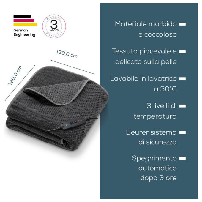 Beurer Coperta Riscaldante 180 x 130 cm Traspirante Grigio Scuro HD 65