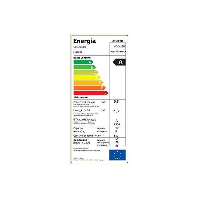 Hoover HDE 5106AMBS-1-S H-WASHandDRY 500 Lavasciuga Classe energetica D (A) Capacita' di carico 10-6 Kg Centrifuga 1500 giri Motore Inverter BPM Wi-Fi + Bluetooth Vapore