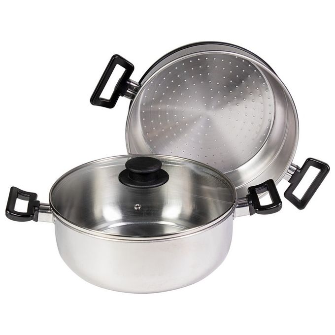Set vaporiera Cook composto da 1 casseruola di 24 cm con 2 manici, 1 cestello con 2 manici, 1 coperchio in vetro di 24 cm Acciaio, Vetro Grigio