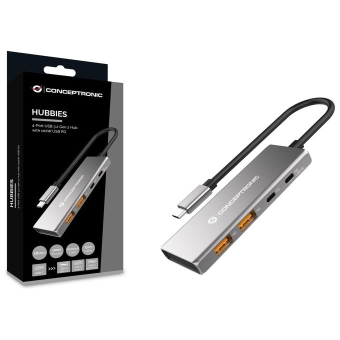 Conceptronic HUBBIES15G Hub USB 3.2 Gen 2 4 Porte 10000 Mbit-s Tipo C e Tipo A Alimentazione fino a 100 W in Alluminio colore Grigio