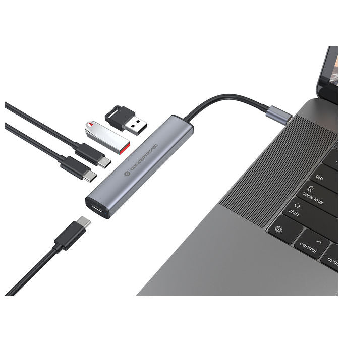 Conceptronic HUBBIES22G Hub USB 3.2 Gen 1 5 Gbps 2 Porte USB-C 2 Porte USB-A Alimentazione USB-C PD 100W colore Grigio