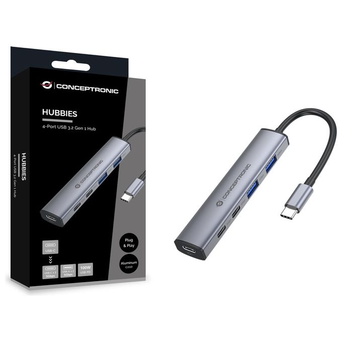 Conceptronic HUBBIES22G Hub USB 3.2 Gen 1 5 Gbps 2 Porte USB-C 2 Porte USB-A Alimentazione USB-C PD 100W colore Grigio