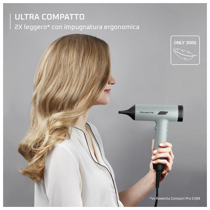 Rowenta HY7120E0 Tiny Asciugacapelli 1600 W Motore Digitale 3 Velocita' 3 Temperature Ionizzazione Getto Aria Fredda Diffusore Concentratore colore Nero Verde