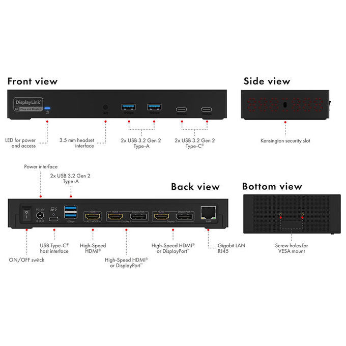 IcyBox IB-DK2246AC Stazione Docking con Supporto fino a 3 Monitor 4K 3840 x 2160 pixel a 60 Hz Ricarica Power Delivery 100W USB-C HDMI DisplayPort RJ-45 colore Nero