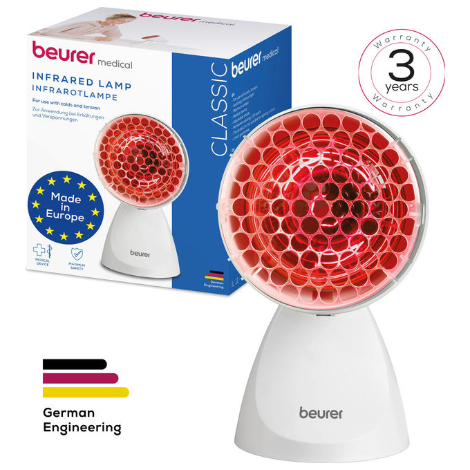 Beurer IL 11 Lampada a raggi infrarossi con griglia di protezione Lampada a raggi infrarossi con griglia di protezione. Utile in caso di raffreddori contratture muscolari.Ca. 100 Watt. 5 livelli di inclinazione. 3 anni di garanzia. Made in EU