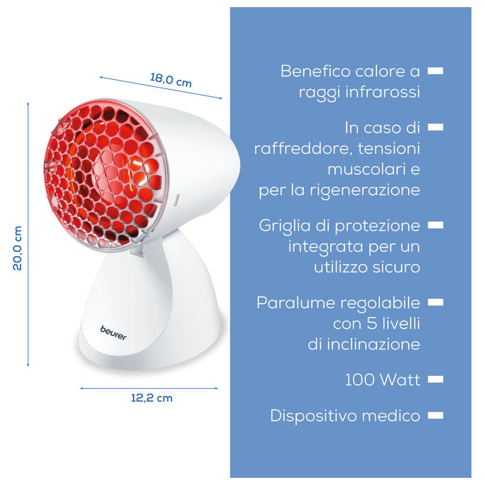 Beurer IL 11 Lampada a raggi infrarossi con griglia di protezione Lampada a raggi infrarossi con griglia di protezione. Utile in caso di raffreddori contratture muscolari.Ca. 100 Watt. 5 livelli di inclinazione. 3 anni di garanzia. Made in EU