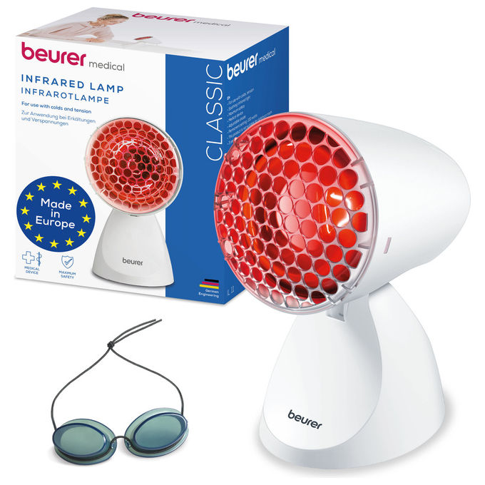 Beurer IL 11 Lampada a raggi infrarossi con griglia di protezione Lampada a raggi infrarossi con griglia di protezione. Utile in caso di raffreddori contratture muscolari.Ca. 100 Watt. 5 livelli di inclinazione. 3 anni di garanzia. Made in EU