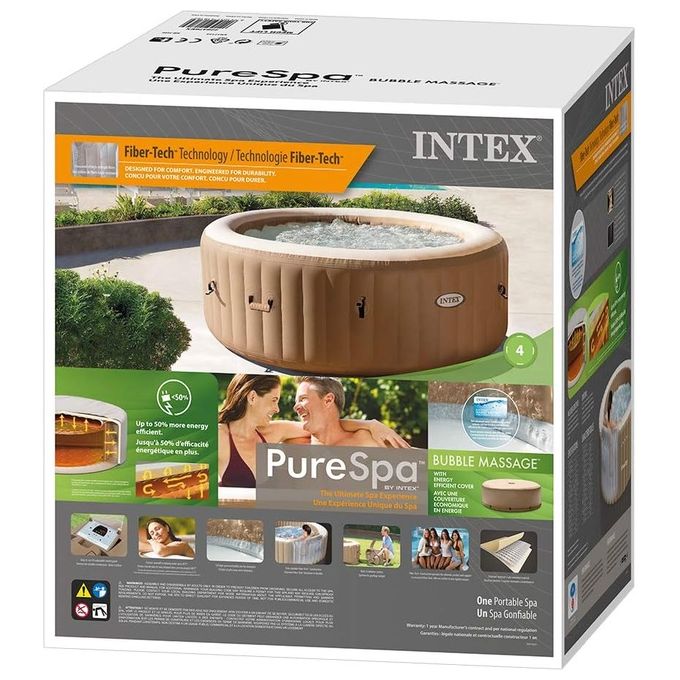 Intex 28476EX PureSpa Vasca Idromassaggio Gonfiabile Bubble Massage con Telo Efficienza Energetica 4 posti 120 Getti Riscaldatore PVC Beige 196x71 cm Con Telo ad Efficienza Energetica 4 posti Beige