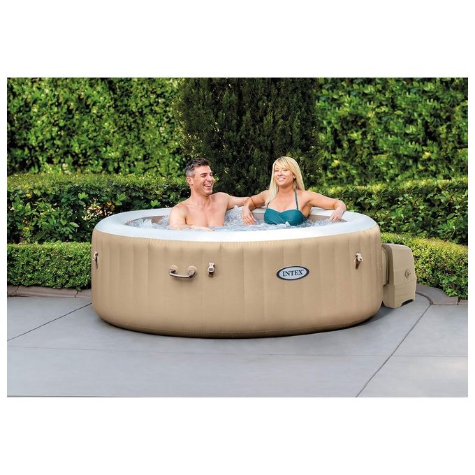 Intex 28476EX PureSpa Vasca Idromassaggio Gonfiabile Bubble Massage con Telo Efficienza Energetica 4 posti 120 Getti Riscaldatore PVC Beige 196x71 cm Con Telo ad Efficienza Energetica 4 posti Beige