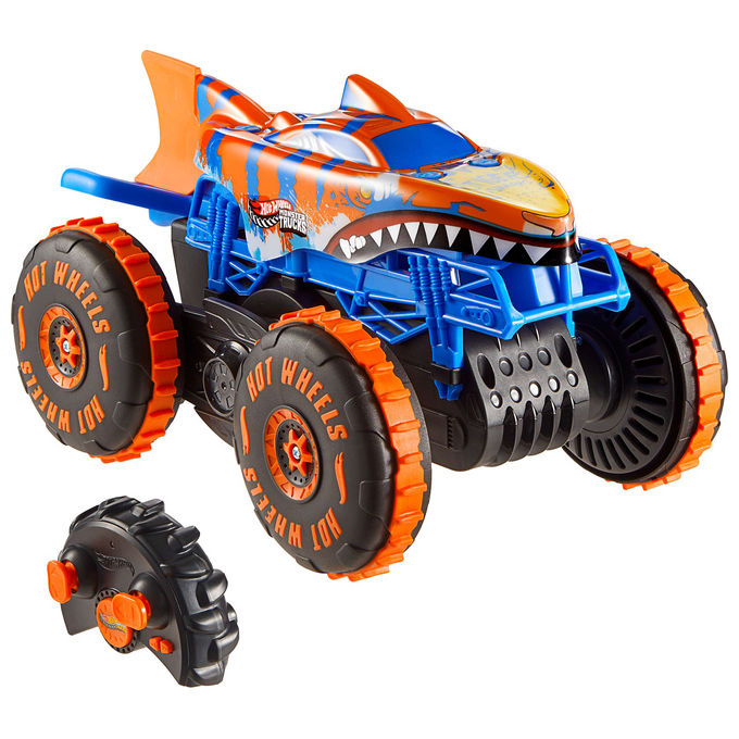 Hot Wheels JFR39 Monster Trucks Tiger Shark Super Scalatore RC Veicolo Radiocomandato con Modalita' Climber e Speeder colore Rosso
