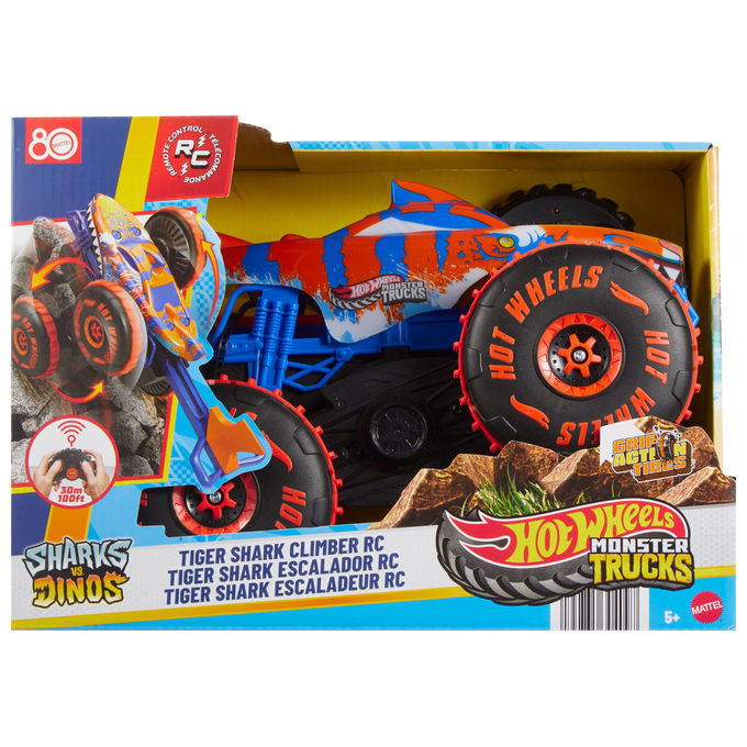 Hot Wheels JFR39 Monster Trucks Tiger Shark Super Scalatore RC Veicolo Radiocomandato con Modalita' Climber e Speeder colore Rosso