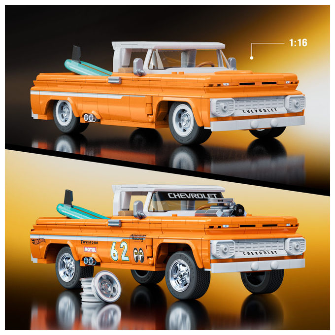 Mattel JFT20 Brick Shop Hot Wheels Custom ’62 Chevy Pickup set da costruire con auto e targa in metallo scala 1:16 colore Nero