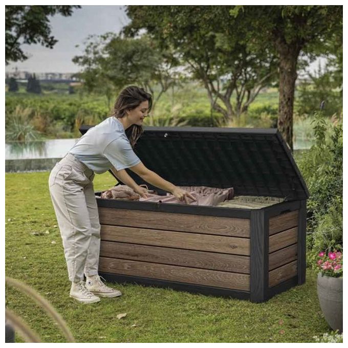 Keter 261927 Deco Box 150G Baule da Giardino con Seduta 570L Chiusura Lucchettabile Resistente UV colore Noce