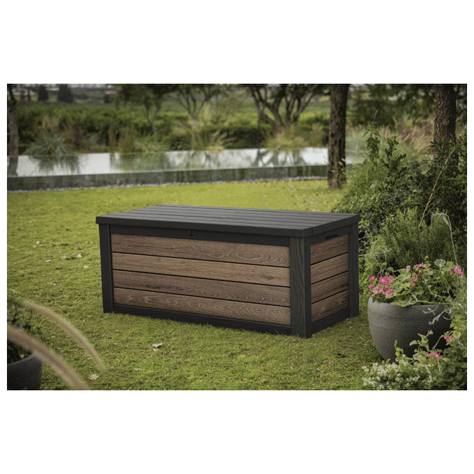 Keter 261927 Deco Box 150G Baule da Giardino con Seduta 570L Chiusura Lucchettabile Resistente UV colore Noce