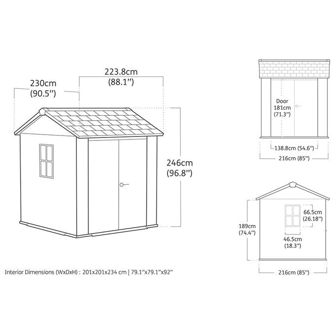 Keter 263096 Signature Apex Casetta da Giardino 4 m² Doppia Falda Resina Effetto Legno Porte e Finestre Orientabili 230x223,8x246 cm colore Noce