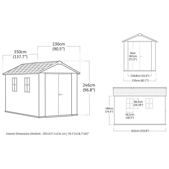 Keter 263098 Signature Apex Casetta da Giardino in Resina 350x230x246 cm 6,8 m² Tetto a Due Falde Pavimento Incluso colore Walnut