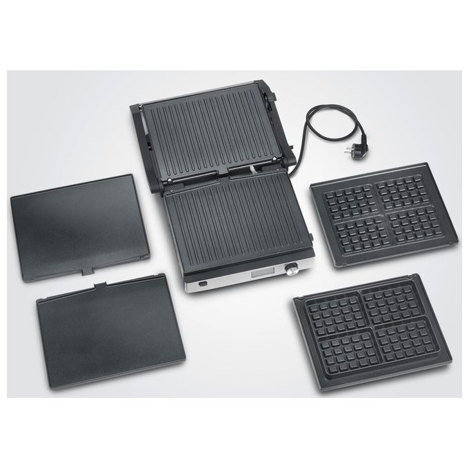 Severin KG2380 Seveni Flex Grill De Contatto 3 in 1 2000 W Superficie 29x23 cm Rivestimento in Ceramica Piastra Rimovibile Timer incluso Termometro Regolabile colore Nero