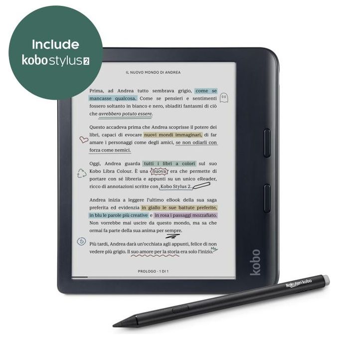 Kobo Libra Colour eReader Display E Ink Kaleido3 7'' Antiriflesso Modalita' Scura Audiolibri Impermeabile Multiformato Nero + Stylus 2