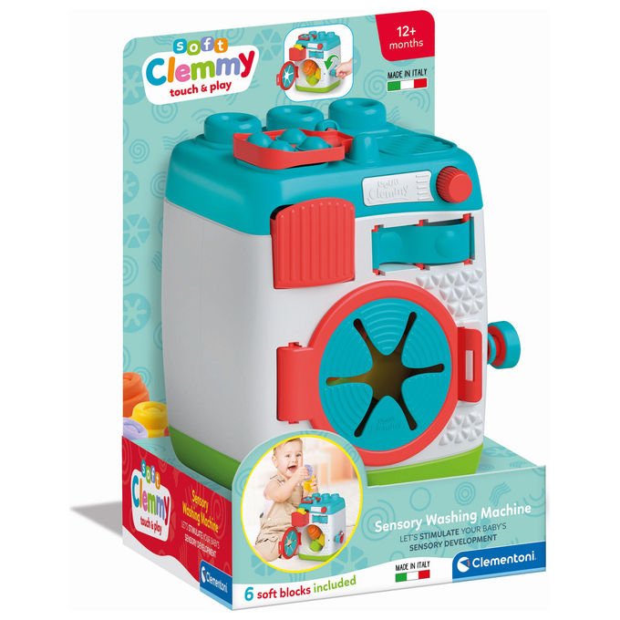 Clementoni, Lavatrice Sensoriale Clemmy Baby, 5 Mattoncini Morbidi, Gioco educativo interattivo