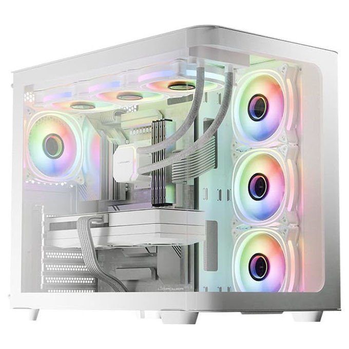LC-Power LC-8001W-ON Case PC Midi Tower con Vetro Temperato e Illuminazione RGB 120mm Frontale 140mm Superiore Alimentazione Laterale 7 Slot Espansione 3 Supporti 2.5'' 2 Vani 3.5'' colore Bianco