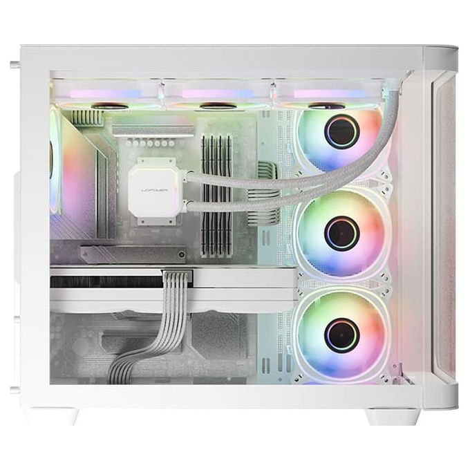 LC-Power LC-8001W-ON Case PC Midi Tower con Vetro Temperato e Illuminazione RGB 120mm Frontale 140mm Superiore Alimentazione Laterale 7 Slot Espansione 3 Supporti 2.5'' 2 Vani 3.5'' colore Bianco
