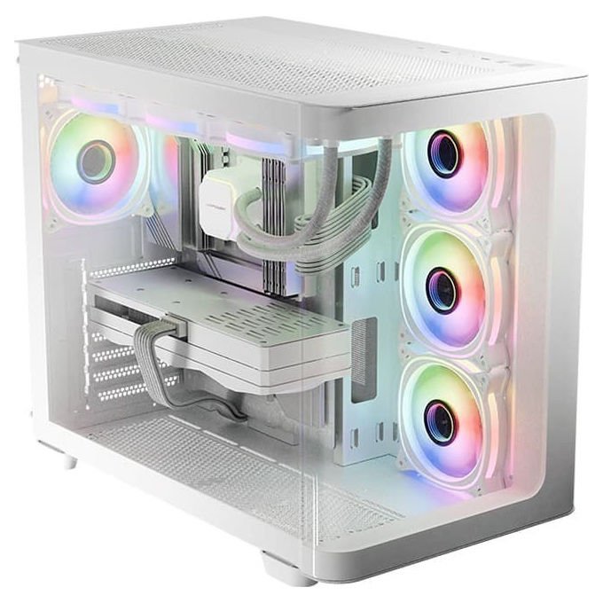 LC-Power LC-8001W-ON Case PC Midi Tower con Vetro Temperato e Illuminazione RGB 120mm Frontale 140mm Superiore Alimentazione Laterale 7 Slot Espansione 3 Supporti 2.5'' 2 Vani 3.5'' colore Bianco