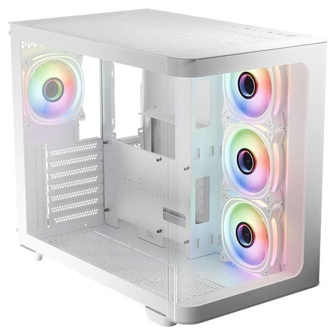 LC-Power LC-8001W-ON Case PC Midi Tower con Vetro Temperato e Illuminazione RGB 120mm Frontale 140mm Superiore Alimentazione Laterale 7 Slot Espansione 3 Supporti 2.5'' 2 Vani 3.5'' colore Bianco