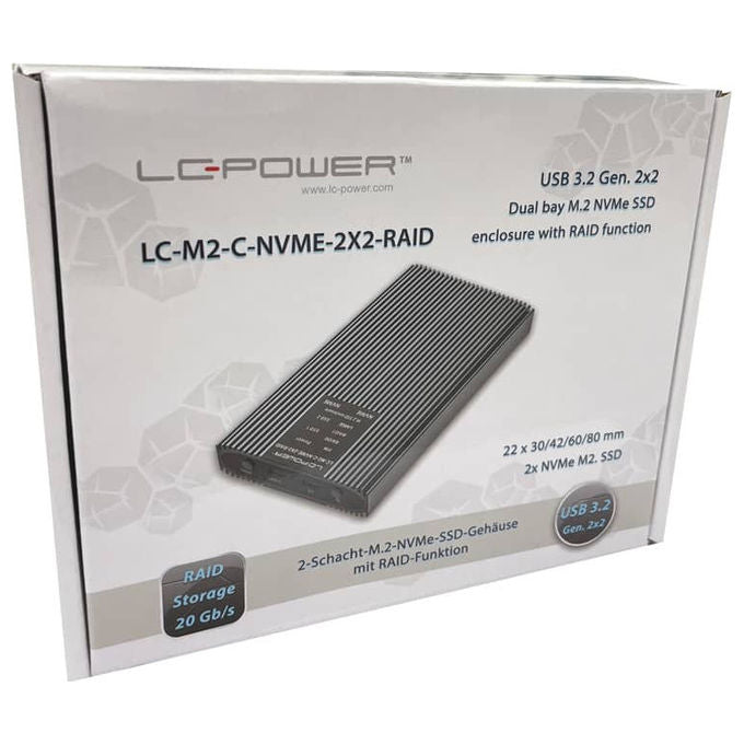 LC-Power LC-M2-C-NVME-2X2-RAID Box esterno SSD per 2 unita' M.2 NVMe RAID 0 1 USB 3.2 Gen 2x2 20 Gbit-s colore Nero