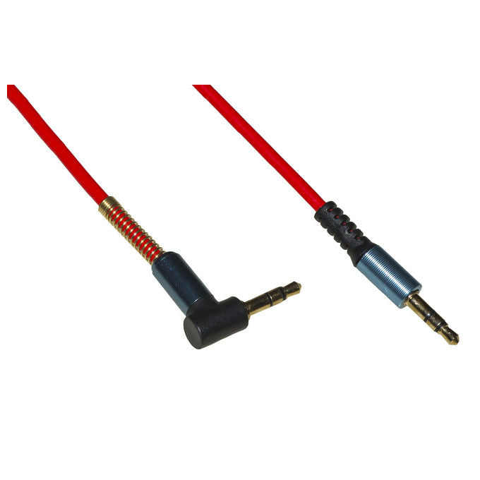 Link cavo audio jack 3,5 mm maschio-maschio a spirale mt 1,80 colore rosso con 1 connettore 90° e molla di protezione