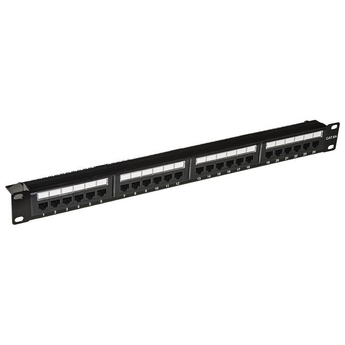 Link pannello patch 24 porte non schermate categoria 6a con supporto cavi  con etichetta e protezione trasparente su ogni porta