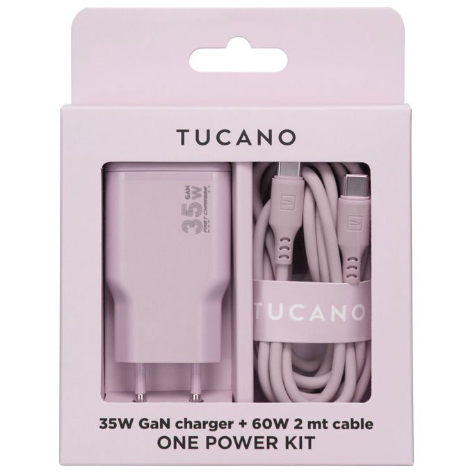 Tucano MA-ONEPOWKIT-PK ONE POWER KIT Caricabatterie GaN 35W con Cavo USB-C 60W 2m colore Rosa
