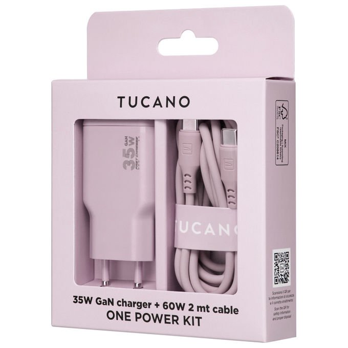 Tucano MA-ONEPOWKIT-PK ONE POWER KIT Caricabatterie GaN 35W con Cavo USB-C 60W 2m colore Rosa