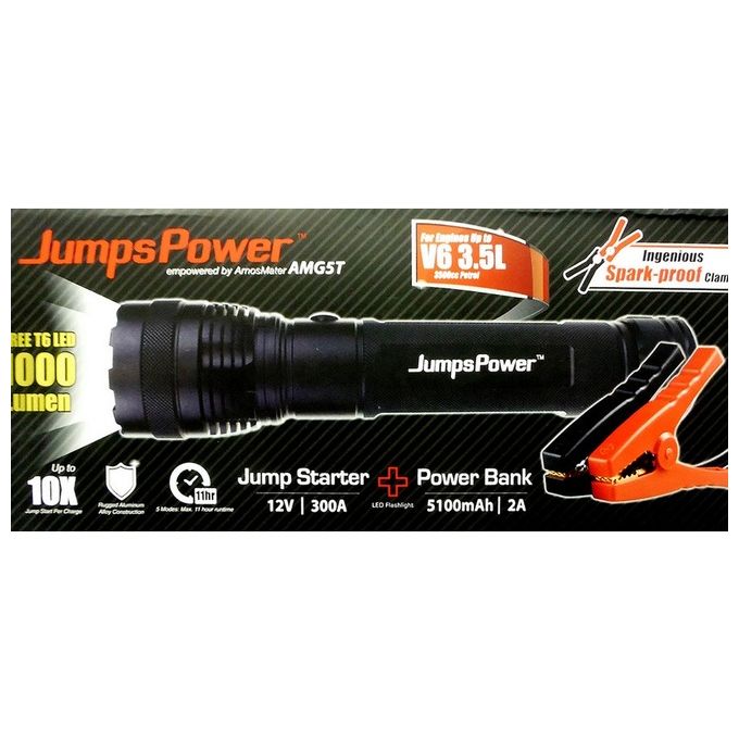 JumpsPower AMG5T Avviatore di emergenza per Auto da 12-300 A + Torcia 1000 Lumen + Powerbank 5100 mAh