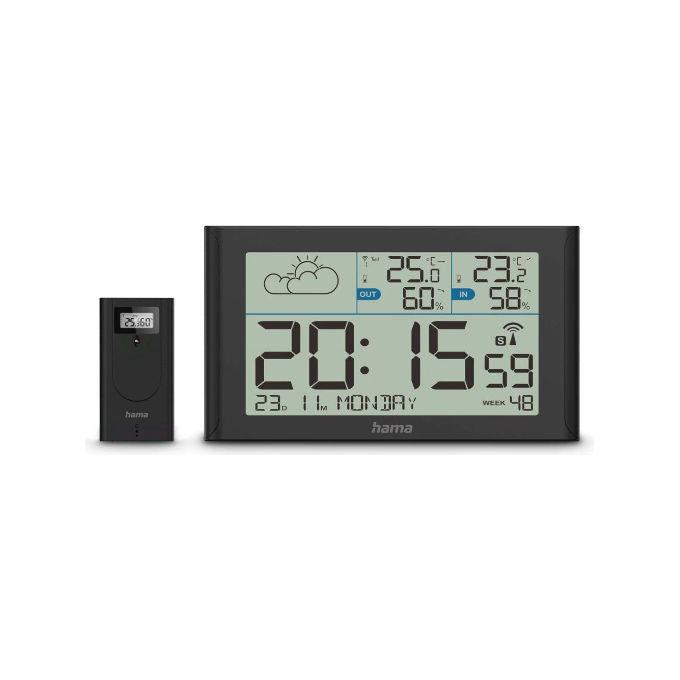 Hama 00222216 Stazione Meteorologica Digitale con Termometro e Igrometro Interno Esterno Display Trend Previsioni del Tempo Alimentazione a Batteria AA colore Nero