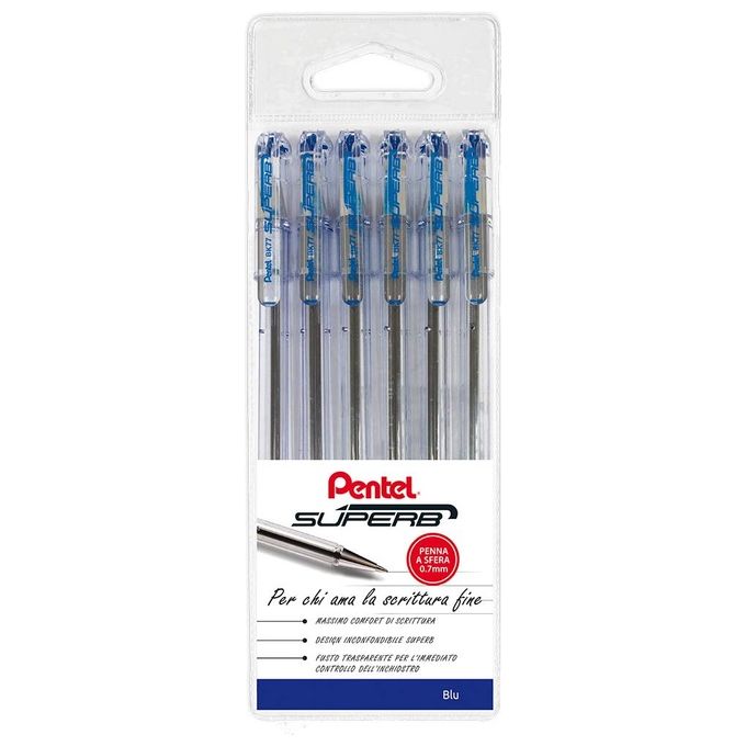 Pentel BK77 Superb Penna a sfera punta fine 0.7 mm fusto trasparente confezione 6 pezzi colore Blu